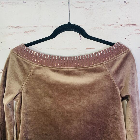 Boston Proper Velour Embellished Top Size XS Luxe Soft Velvety Studded Neckline - Picture 7 of 8